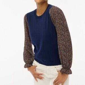 J. Crew Woven Floral Sleeves Crewneck Sweater Preppy Career Office Teacher